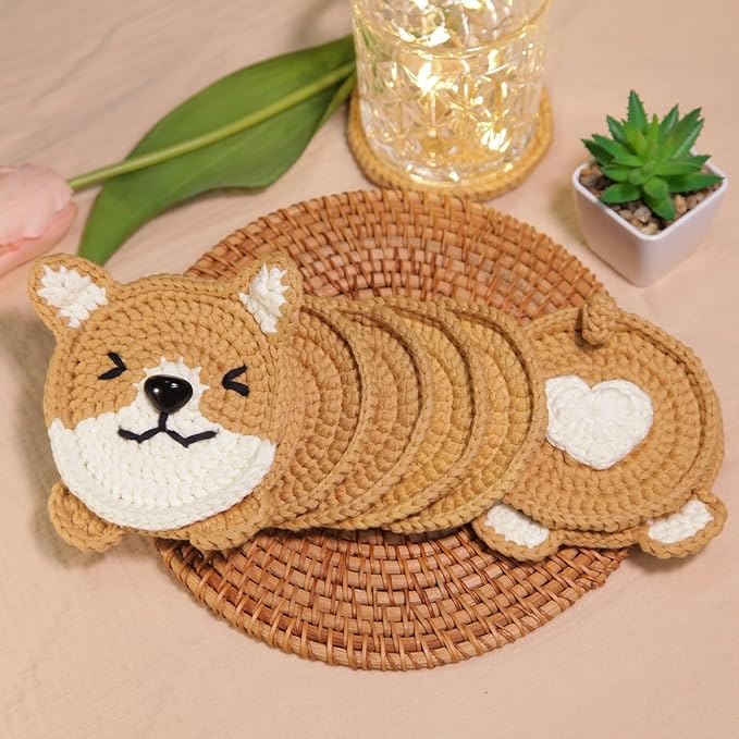 CrochetBox Crochet Kit for Beginners Adults - Corgi Coasters Starters Crochet Kit, Beginners Crocheting Kitting for Adults Teen, Craft Gifts with Crochets Yarns, Hook, Step-by-Step Video, Instruction