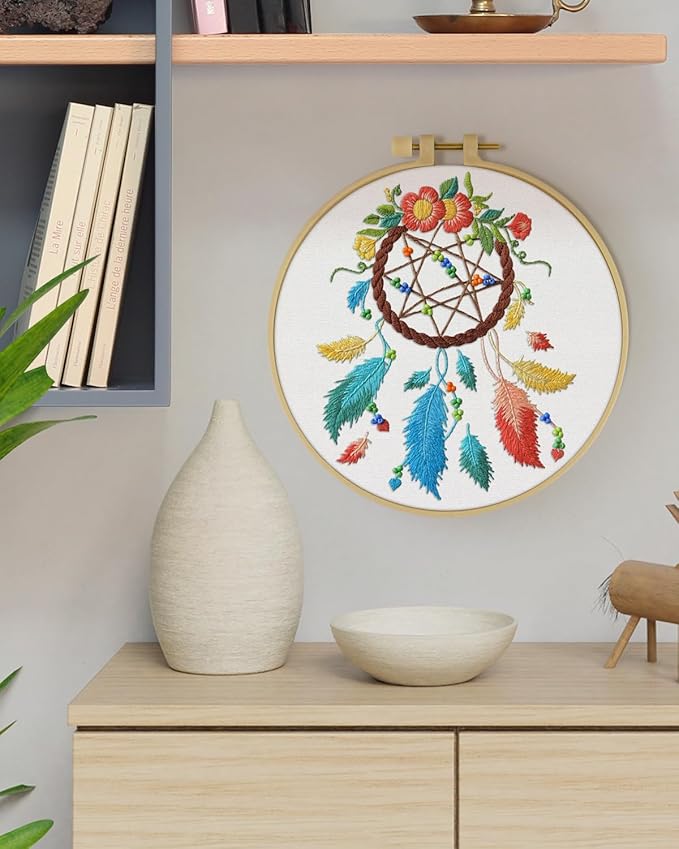 ERKOON Embroidery Kit for Beginners, Flower Cross Stitch Set for Include Embroidery Cloth Hoops Threads for Craft Lover Hand Stitch with Embroidery Skill Techniques (Dreamcatcher)