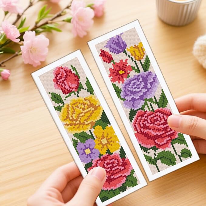 ORIGACH 6 Set Flower Cross Stitch Bookmark Kit for Beginners Red Rose Stamped Embroidery Kit Include Backing Felt and Instruction Beginner Cross Stitch Kits for Adults