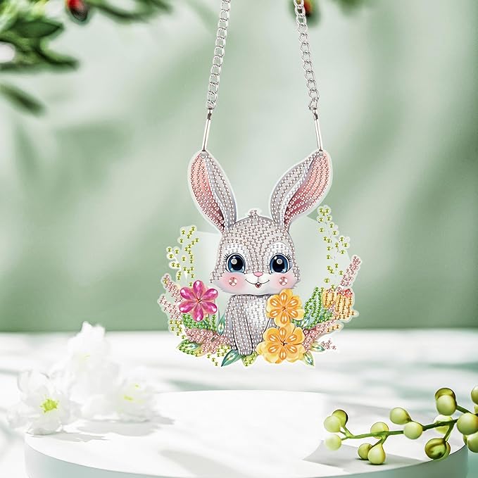 AiYuanzsh Rabbit Diamond Painting Hanging Kit, 5D DIY Acrylic Special Shaped Diamond Art Pendant Ornament for Home, Wall, Door, or Garden Decor, Easter Diamond Art Kit for Adults