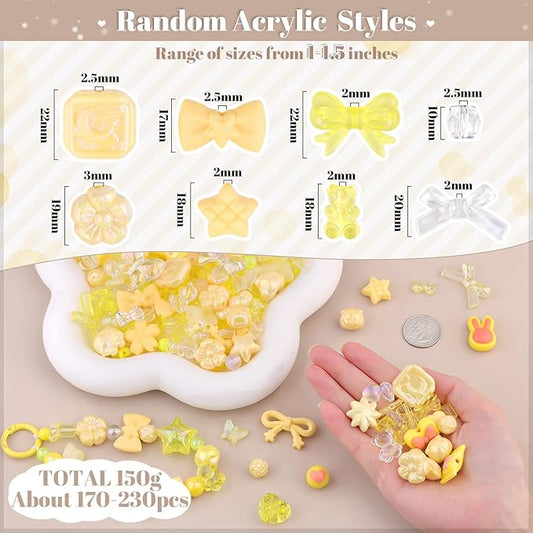 200-260pcs tinkrstuff assorted yellow acrylic beads for bracelet making,cute beads for jewelry making flower bow butterfly candy gummybear aesthetic bracelet charms, diy necklace keychain phone charm