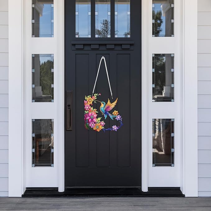 Lxmsja DIY Hummingbird Diamond Painting Hanging Ornament, Double-Sided Acrylic Colorful Flowers Diamond Art Kit, Special Shaped Suncatcher Hanging Pendant Window Art Kit 8x8 inch
