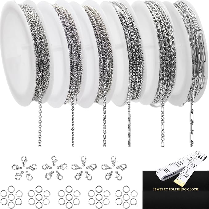 Necklace Chain for Jewelry Making, 42.6 Feet 6 Roll Stainless Steel Silver Jewelry Link Chains for DIY Necklace Bracelets Keychain Craft Jewelry Making Supplies with Jump Rings Lobster Clasp Connector