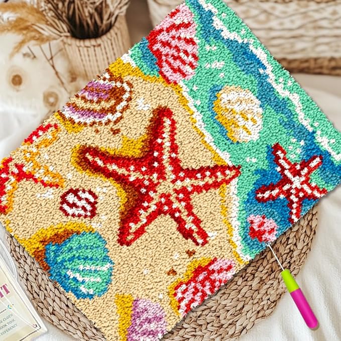 ORIGACH Beach Sea Shells Starfish Latch Hook Rug Kits, Color Stamped Grid Cloth Handmade Rug, Pattern Printed Carpet Kit, DIY Crochet Rug for Adults Home Decoration Festival Gifts 52 x 38 cm