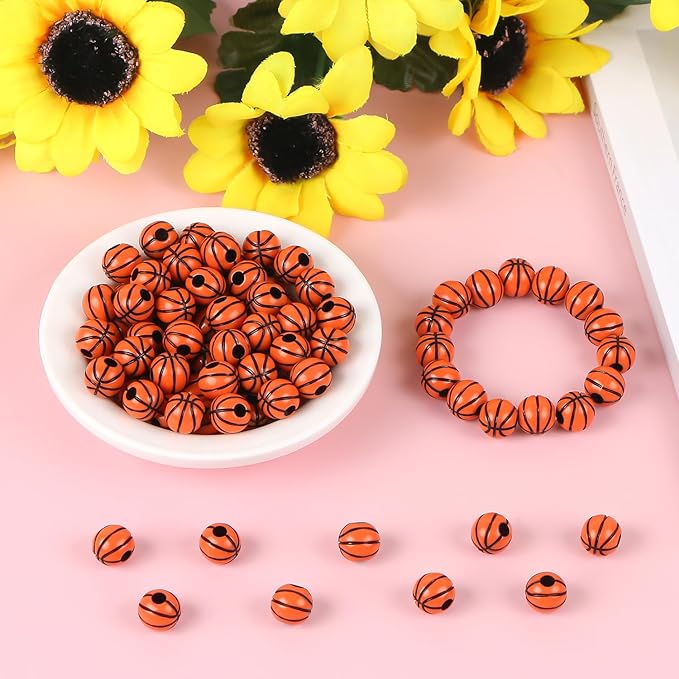 100pcs Basketball Beads with 5.5 Yard Elastic Rope,Acrylic Sports Beads DIY Spacer Bead for Necklace Bracelet Keychains Handmade Jewelry Making Accessories Craft Supplies,12mm(Basketball)