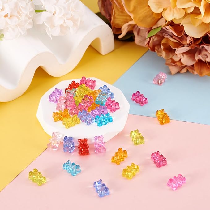 FASHEWELRY 200pcs Clear Acrylic Bear Beads Mixed Color Transparent Gummy Bear Spacer Beads Mini Cute Bears Loose Beads Bulk for Bracelet Necklace Earring Jewelry Making