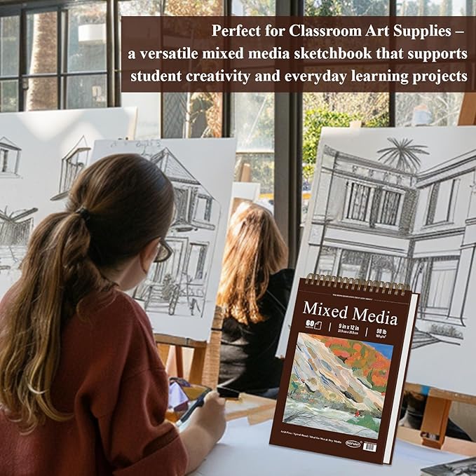 mixed media sketchbook 9" x 12", 60 sheets each (98lb/160gsm), 2 pack, heavyweight drawing papers, top spiral bound hardcover sketchbook, for wet and dry media, drawing, painting