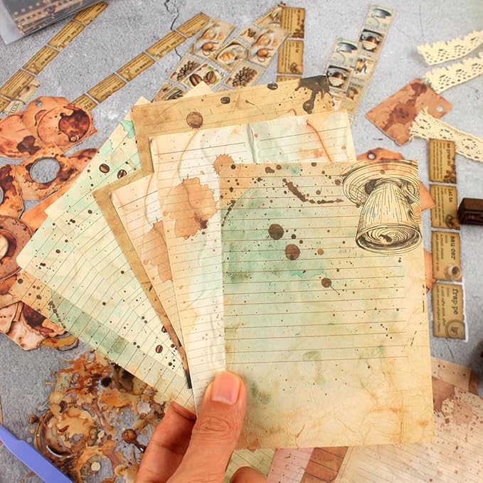 Vintage Scrapbook Kit, 90 Sheets Coffee Stain Manuscripts Materials, Scrapbooking Stickers and Decorative Papers Collage, Ephemera for Junk Journal Supplies, Journaling, Crafts Arts, Scrap Booking