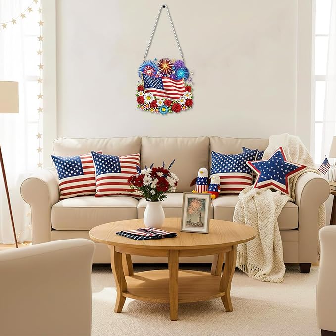 CEOVR American Flag Hanging Diamond Art for Adults, Independence Day Diamond Painting Pendant DIY Gem Art Wall Ornament, Acrylic Home Garden Decor with Chain, Box Kit 7.87×7.67 inch