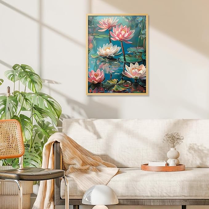 Camocin Diamond Art Kits for Adults Lotus, 5D Flowers Diamond Painting Kits for Adults Beginners, DIY Lotus Flowers Full Round Dots Drill Gem Art Kit for Gift Home Wall Decor 12 x 16 Inch