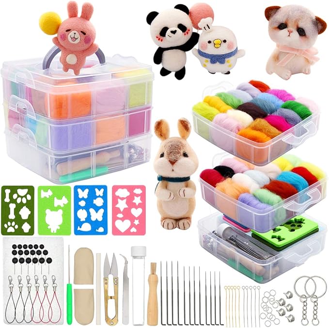 West Bay Needle Felting Kit 109 Pieces Set, Wool Roving 36 Colors with Complete Felt Tools and Storage Box Needle Felting Starter Kit for DIY Craft Animal Home Decoration Birthday Gift