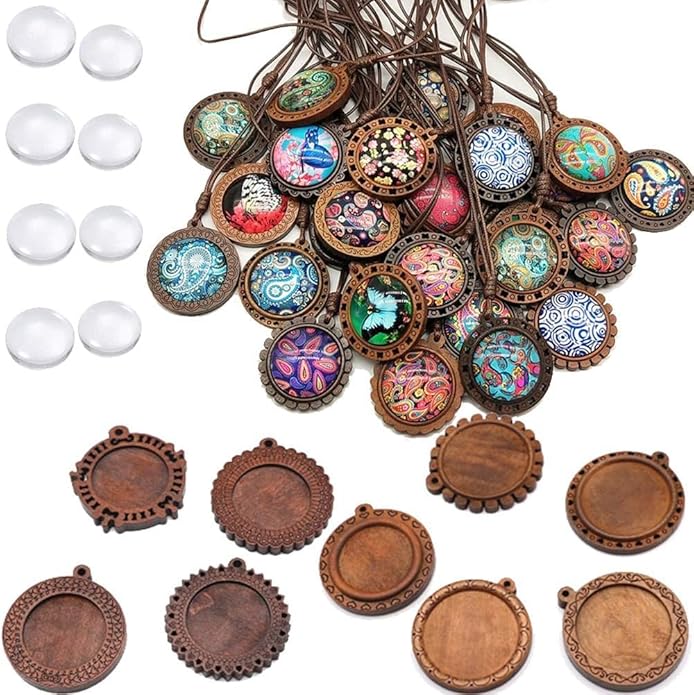 DAHI 36pcs Brown Wood Bezel Round Wooden Pendants Trays Bezels 9 Styles Bezels Pendant Trays with Cabochon Pendant for DIY Photo Jewelry Making Crafts