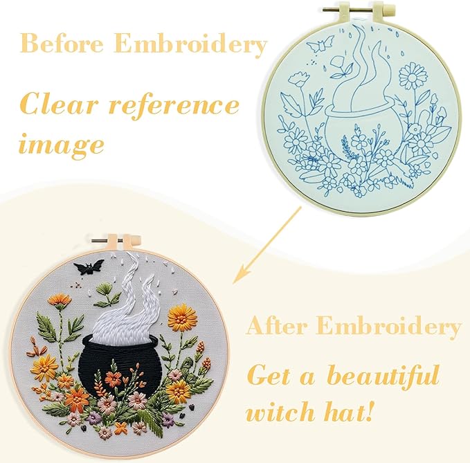 Floral Witch Hat Embroidery Kit Halloween Cross Stitch Material Set with Bat Skull Flower Pumpkin Patterns, DIY Hand Needlepoint Embroidery Craft Kit for Beginners Professional (Floral Cauldron B)