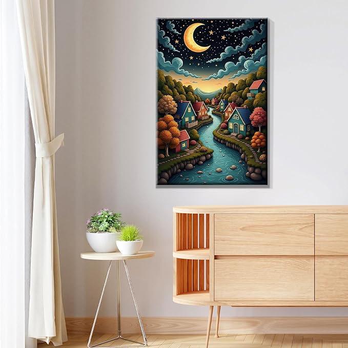 JOOZ Landscape Paint by Numbers Kit for Adults with Frame Moon Paint by Number with Easel Lake Adult Paint by Number Kits Framed Canvas Oil Painting Kits for Home Wall Decor 8x12 Inch