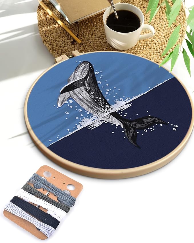 TINDTOP Embroidery Kit for Beginners Adult, Whale Embroidery Practice Kit for Beginners Include Embroidery Cloth Hoops Threads for Craft Lover Hand Stitch with Embroidery Skill Techniques