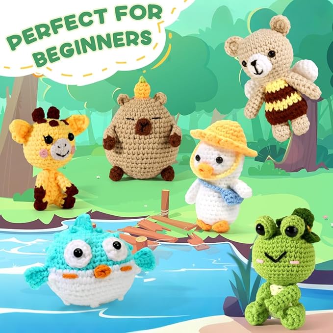 6Pcs Crochet Kit for Beginners, DIY Crochet Kit For Adults, Crochet Animal Kits with Step by Step Videos Tutorials, Yarn Crochet Hook Great Birthday Holiday Gift, DIY Keychain Pendants (Set-03)