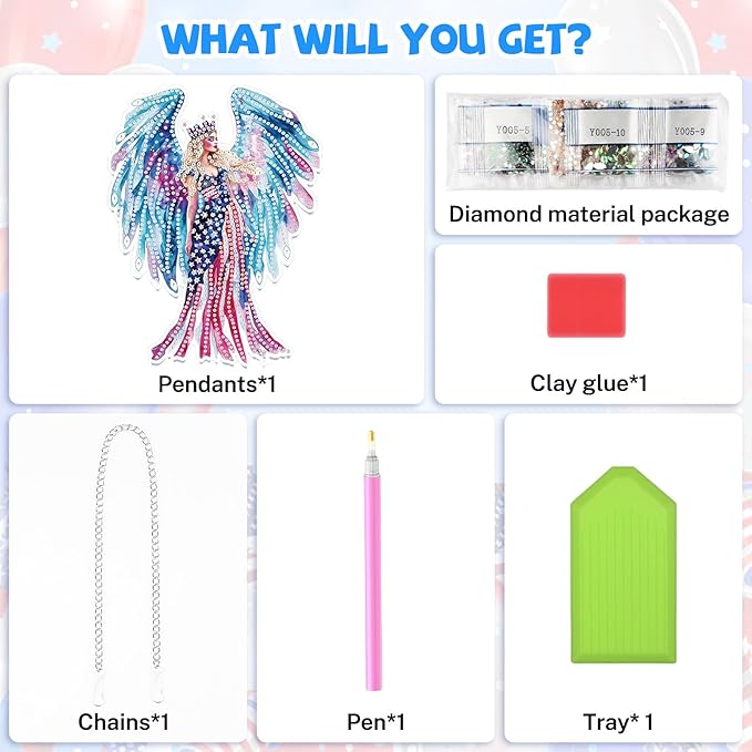 Bowetile Independence Day Fairy 5D Diamond Art Hanging Kits for Adults, 4th of July Diamond Painting USA Window Pendant Kits, Special Shape Gem Art Suncatcher Ornament for Home Garden Wall Decor