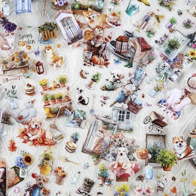 Scrapbook Sticker Book for Scrapbooking and Journaling, Country Cottage Scenery Pet Theme, 20 Sheets 3.9x5.9 inches, Precut Transparent PET Stickers for Junk Journal Supplies, Collage, Scrap Book