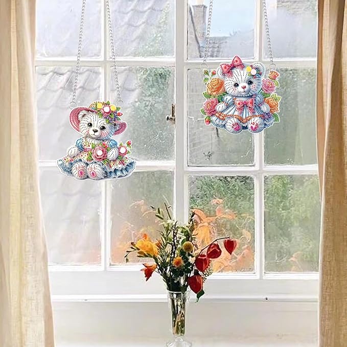 2 Pcs Diamond Painting Hanging Ornaments – Cute Teddy Bear Doll Design with Floral Patterns, DIY Acrylic Craft Kit for Home Decoration, Gifts & Crafts