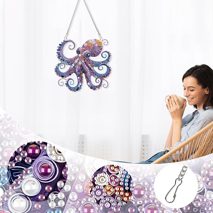 AiYuanzsh Octopus Diamond Painting Hanging Ornament, 5D DIY Special Shaped Diamond Art Pendant Kit for Adults, Large Ocean Animal Wall Hanging Craft Decoration 24.1x22.6cm, Nautical Home Decor & Gift