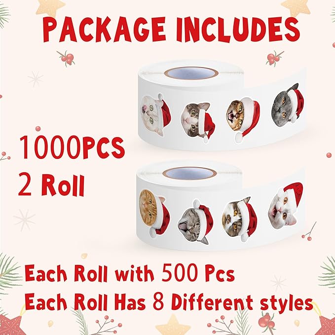 h1vojoxo christmas cat sticker rolls - 1000pcs christmas cat stickers for kids 16 designs xmas cute cats realistic stickers for craft water bottles holiday cute cats sticker for envelopes gift decor