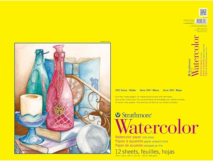 Strathmore 300 Series Watercolor Paper Pad, Tape Bound, 18x24 inches, 12 Sheets (140lb/300g) - Artist Paper for Adults and Students - Watercolors, Mixed Media, Markers and Art Journaling