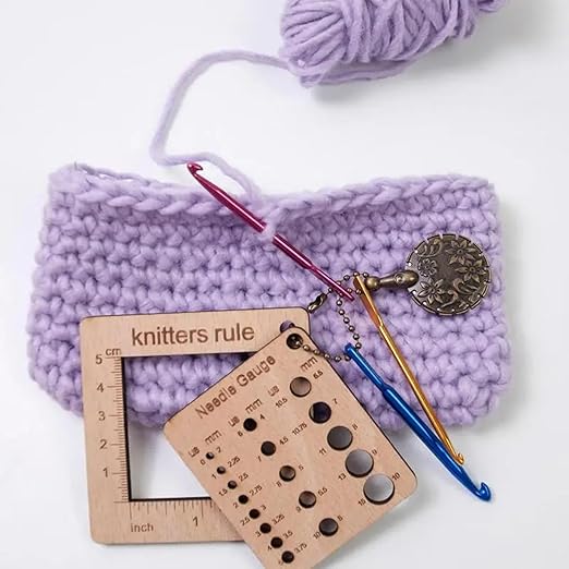 3 Pcs Wood Knitting Guage Rulers with Yarn Cutter, 3 Style Square Knitting Tool, Crochet Hook & Knitting Needle Gauge & Knitting Rule, Sewing Rulers for Art Sewing Knitting Crafts