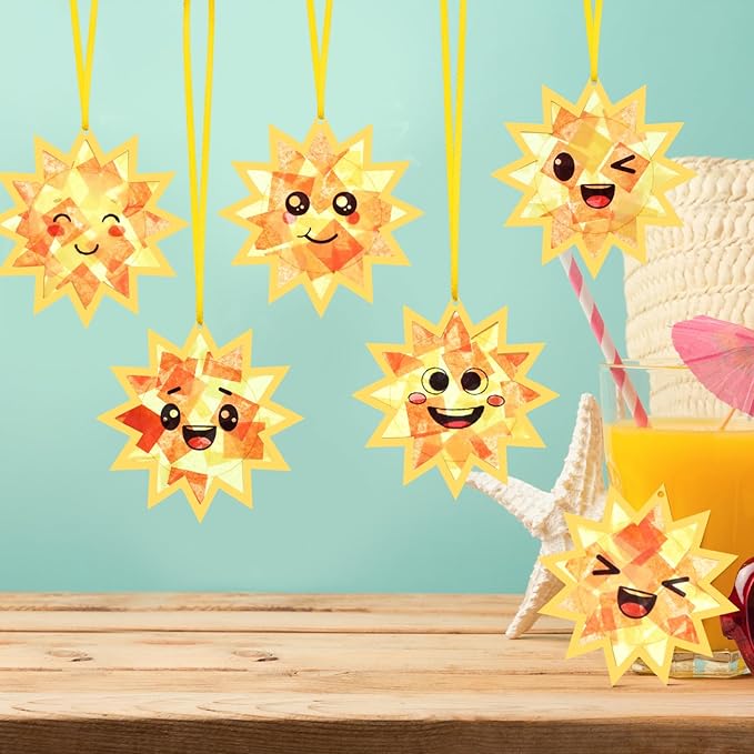 AmazingSpark 30 Pcs Sun Suncatchers Paper Craft Spring Sun Face DIY Stained Glass Effect Tissue Paper Kits Gift Bulk for Fall Autumn Activities Art Party Decor