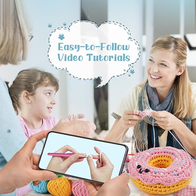 LetCartMaker Beginner Amigurumi Crochet Kit with Video Tutorials - Pizza, Croissant or Dessert Theme | Complete Starter Set for Kids & Adults (Yarn, Hook, Eyes Included) (Donut & Dessert Cup Duo)