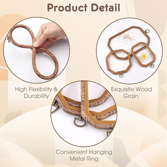 9 pcs embroidery hoop frame set decorative imitated wood embroidery hoop display frame for art craft sewing decorative ornaments, circle, oval, octagonal embroidery hoops