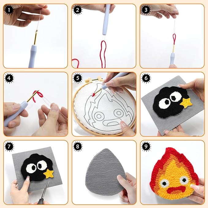 PUNICA Punch Needle Kit for Beginners, Kids & Adults Coaster Set of 6, Easy DIY Embroidery Set Starter Craft Gift with Cute Cartoon Decoration
