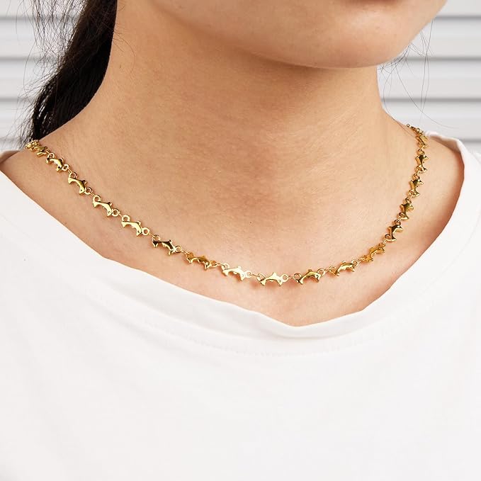 Kyutong 4 Meters Gold Plated Jewelry Making Chains on Spool Dolphin Shape Craft Jewelry Findings Stainless Steel Necklace Chain Bulk with Clasps for Women Men Make Handcrafts