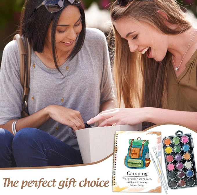 Watercolor Workbook, Water Coloring Book, 12 Different Patterns of Original DIY Designs, 18 Colors Watercolor Paint Set, Beginner-Friendly Watercolor Workbooks (Camping), Perfect Gifts for Adults