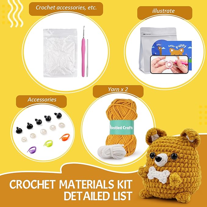 Vanttokeey Crochet Kit for Beginners, Animal Amigurumi Crochet Kits Included, Step-by-Step Video Tutorials, Beginner Crochet Kit for Adults and Kids, DIY Easy Crochet Crafts (Puppy)