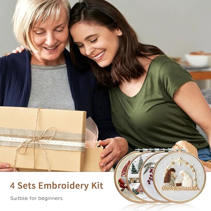 LB Christmas Embroidery Kit for Beginners: 4-Piece Cross Stitch Set with Green Plant, White Snowflake & Gnomes | Adults DIY Starter Kit Includes Hoop, Threads and Tools