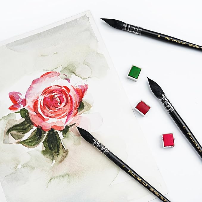3PCS Squirrel Hair Watercolor Brushes, Fuumuui Professional Mop Round Quill Detail Fine Tip Watercolor Paint Brush Set for Water Color Gouache Ink Painting - Sizes #2, 8, 10