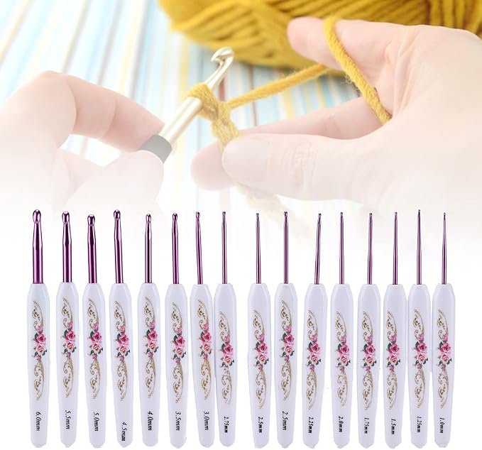 Crochet Hooks Needles,16 Pcs Cute Needles for Arthritic Hands,Extra Long Chinese Style Crochet Hook Set Flower Pattern Ergonomic Soft Grips Knitting Hook for Crochet Yarn Craft (Pink)