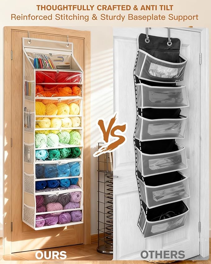Hanging Yarn Storage Organizer, Large Capacity Over the Door Yarn Organizer with 6 Clear Zipper Pockets 10 Mesh Side Bags, Hanging Yarn Holder Knitting Storage Bag for Crochet Hooks, Beige