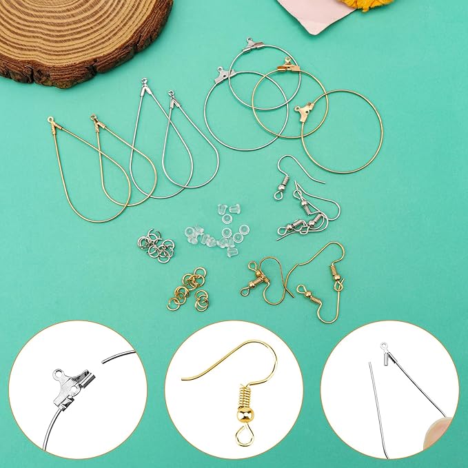 380pcs hypoallergenic earring making kit, jewelry making earrings supplies with teardrop round beading hoop,earring hooks,jump rings,earring backs for diy earring craft(2 colors, 2 sizes)