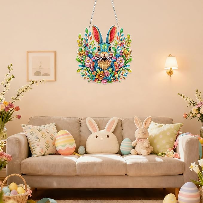 RICUVED Easter Diamond Art Hanging Kit for Adult, Rabbit Special Shaped Diamond Painting Pendant Board Kit, 5D Art Suncatchers Double Sided Hanging Window Ornament for Home Garden Decor