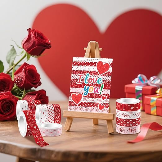 12 Rolls Love Heart Washi Tape Set, Red Stripe Checked Masking Tapes, Red Heart Decorative Tape for Journaling Supplies, Wedding Party, Junk Journal, Scrapbooking, Planner, DIY Arts Crafts 16.4FT