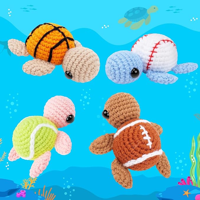 Fortuning's JDS Crochet Kit for Beginners -4 PCS Turtle Crochet Kit with Step-by-Step Video Tutorials, Beginner Crochet Kits for Adults, Animal Crochet Turtle Ball Games Set