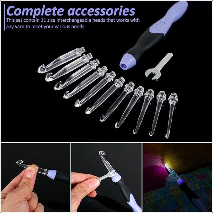 Abizarch Light Up Crochet Hook Set 11 Sizes Lighted Crochet Hooks with Case Interchangeable Heads 2.5 mm to 8 mm Rechargeable Crochet Hook DIY Crochet Hooks Set for Crocheting and Knitting