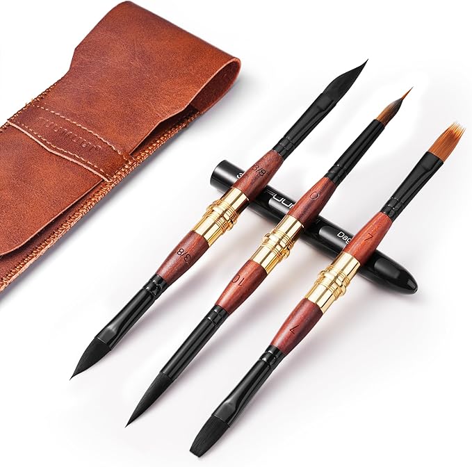 3pcs Dual-Tip Travel Watercolor Brushes - 6 Tip Styles, Fuumuui Sable Synthetic Squirrel Hair Travel Brushes Set with Leather Pouch Perfect for Watercolor Gouache Ink Painting