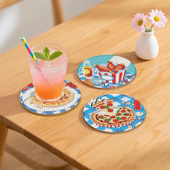 8 Pcs Delicious Food Diamond Art Coaster Kits with Holder,Diamond Painting Coasters for Adults Beginners,Party Home Decor Abstract,Fun Gifts for Women