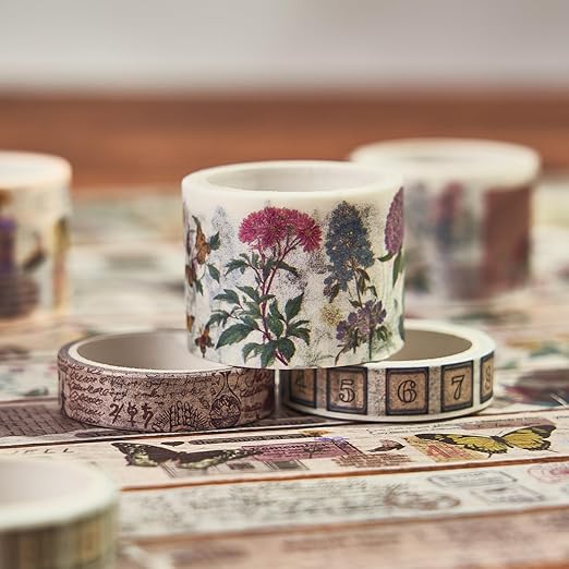 Vintage Washi Tape Set 24 Rolls, Decorative Masking Tape for Junk Journal, Scrapbooking Supplies, DIY Crafting Supplies