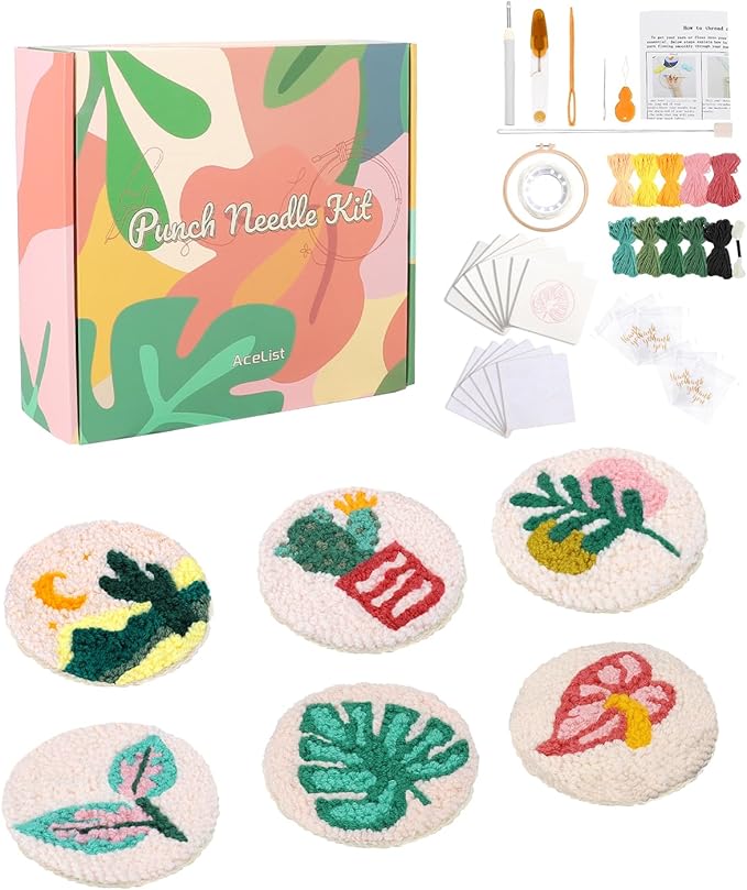 AceList 6PCS Plant Punch Needle Kit for Coaster, Easy DIY Embroidery Kit for Beginners, Adults & Kids Craft Kits, Birthday Gift with Patterns, Tools, Yarns, Hoop, Instructions, Practice Piece