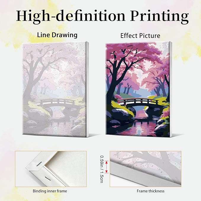 JOOZ Paint by Numbers Kit for Adults with Frame Cherry Blossom Adult Paint by Number Kits Framed Canvas Bridge Paint by Number with Easel DIY Oil Painting by Number for Gift Home Wall Decor 8x12 Inch