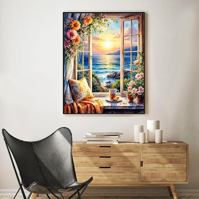 Paint by Numbers Kit for Adults Beginner Window Landscape, Adult Paint by Number Kits on Canvas, Seascape DIY Acrylic Oil Painting by Numbers for Adults, Perfect for Home Wall Decor 16X20 Inch