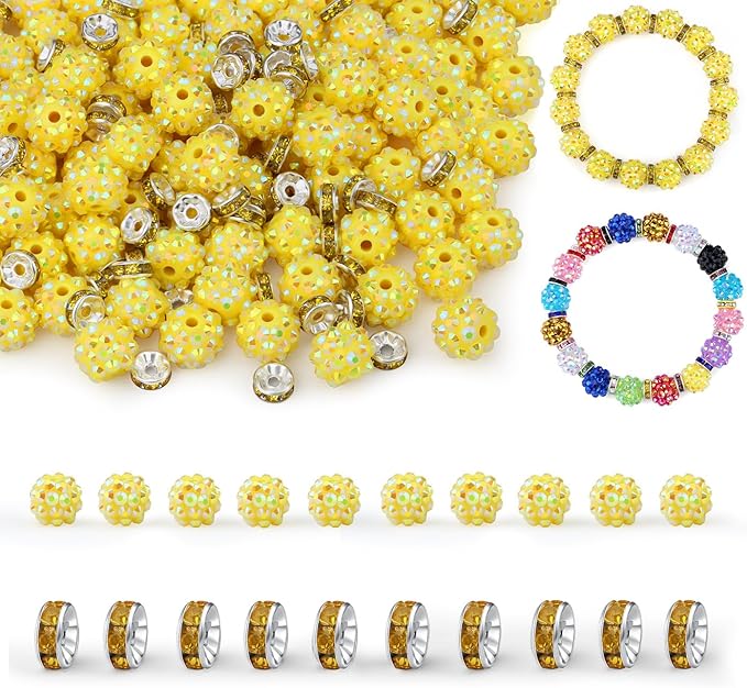 LAIDANLA 250pcs 12mm Yellow Rhinestone Beads and 8mm Rondelle Spacer Beads for Beaded Pens, Sparkly Shamballa Disco Baseball Bead for Bracelets Making Necklaces Earring DIY Craft